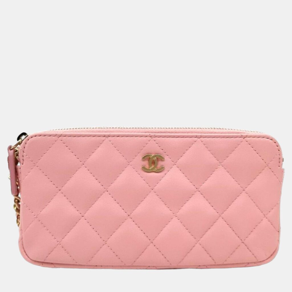 luxury-women-chanel-used-handbags-p889663-002 Chanel Pink Leather CC Quilted Double Zip Wallet On Chain