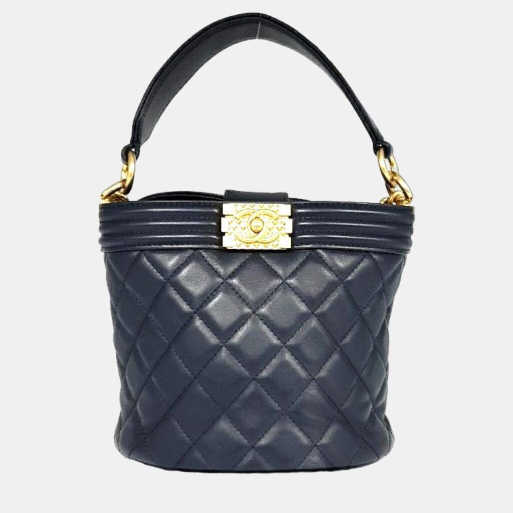 luxury-women-chanel-used-handbags-p890058-001 Chanel Navy Blue Leather Quilted Bucket Boy Shoulder Bag