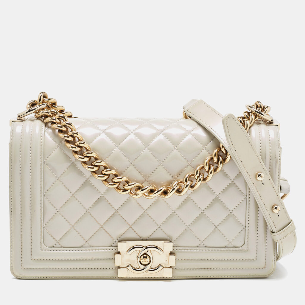luxury-women-chanel-used-handbags-p890527-008 Chanel Pearl White Quilted Patent Leather Medium Boy Flap Bag
