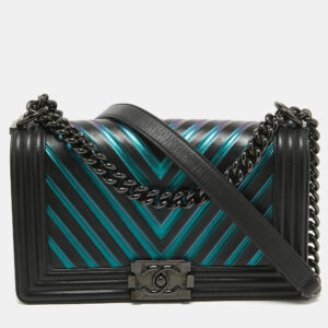 Chanel Black/Holographic Chevron Leather Medium Boy Flap Bag