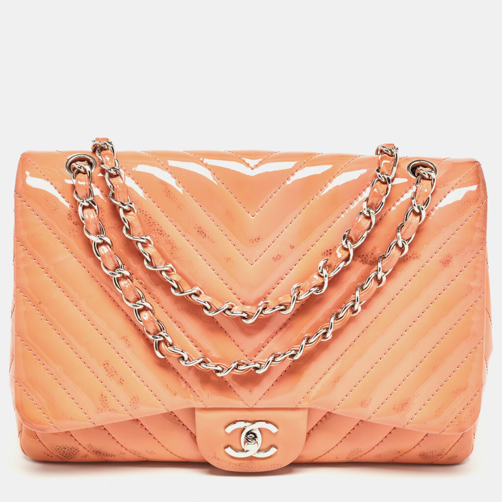 luxury-women-chanel-used-handbags-p923947-016 Chanel Pink Chevron Patent Leather Jumbo Classic Single Flap Bag