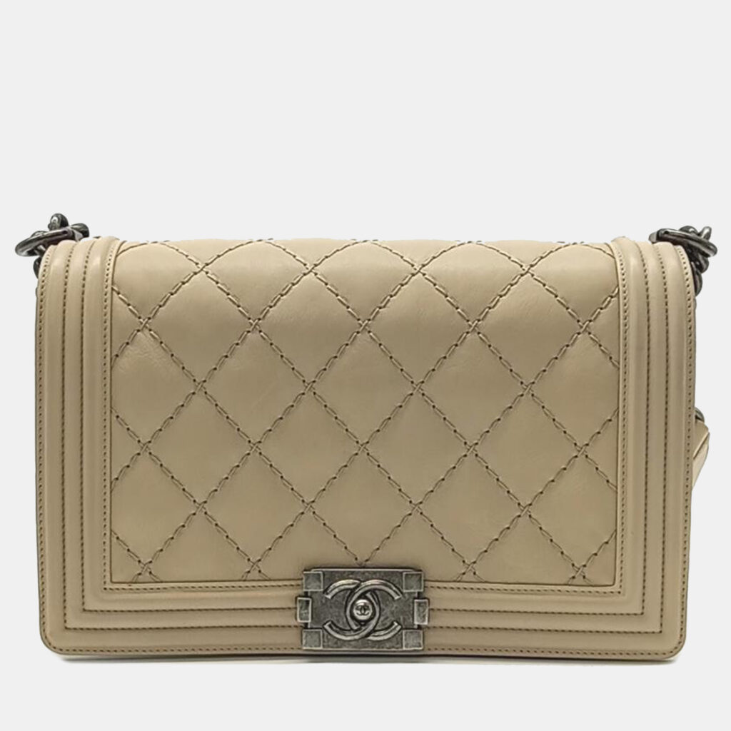 luxury-women-chanel-used-handbags-p945742-002 Chanel Beige Leather Medium Stitch Boy Bag