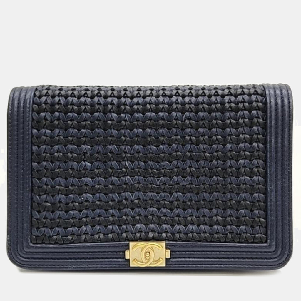 luxury-women-chanel-used-handbags-p949654-009 Chanel Blue/Gold Woven Leather New Boy Wallet On Chain