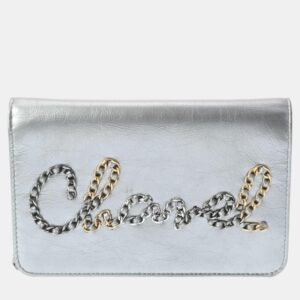 Chanel Silver Leather Written In Chain Wallet On Chain