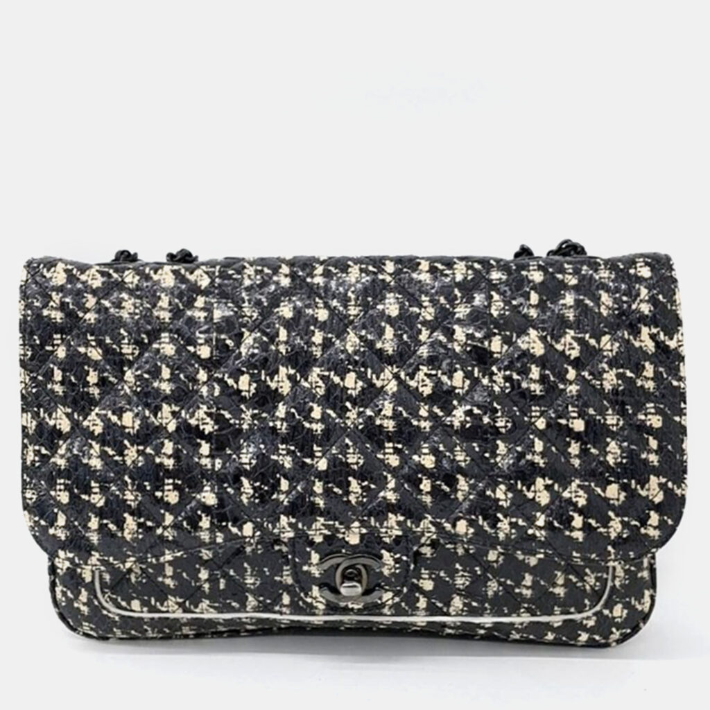 luxury-women-chanel-used-handbags-p992679-002 Chanel Black/Ivory Patterned Leather Chain Shoulder Bag