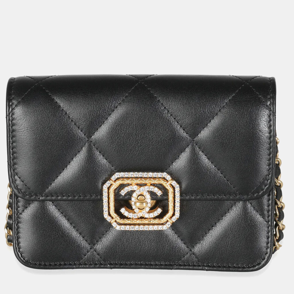 luxury-women-chanel-used-handbags-p995143-011 Chanel Black Quilted Calfskin Leather Strass Mini CC Flap Bag