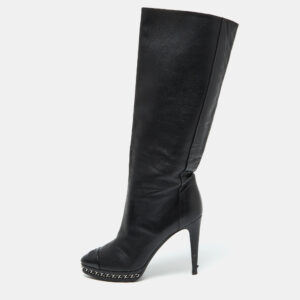 Chanel Black Leather CC Chain Link Platform Knee Length Boots Size 39