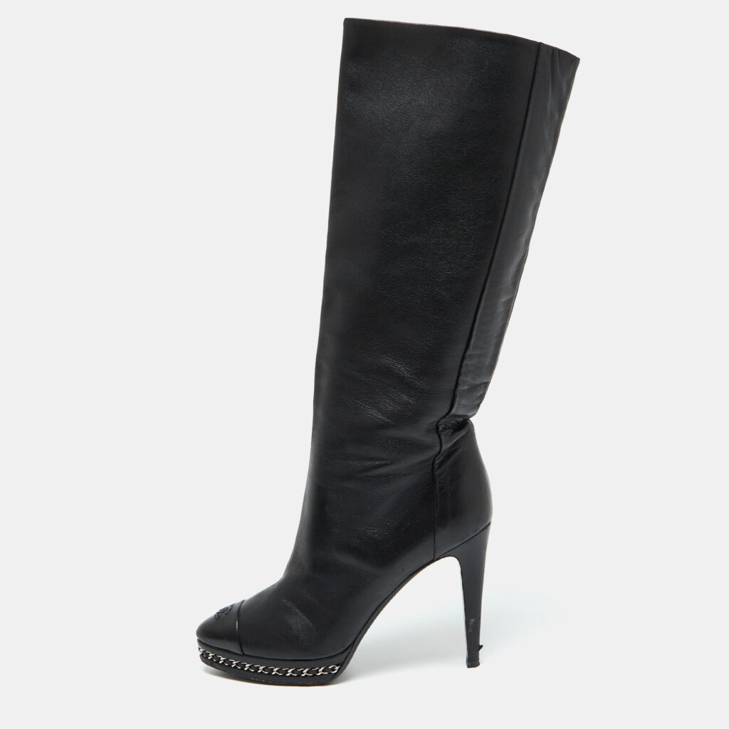 luxury-women-chanel-used-shoes-p1076044-008 Chanel Black Leather CC Chain Link Platform Knee Length Boots Size 39