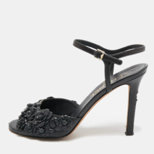 Chanel Black Leather Camellia Applique Ankle Strap Sandals Size 37.5