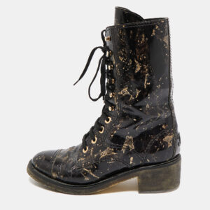 Chanel Black/Gold Textured Leather Mid Calf Length Boots Size 40