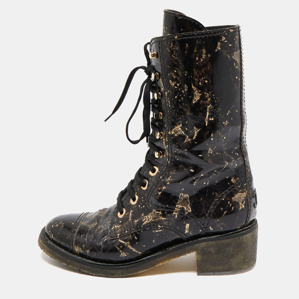 luxury-women-chanel-used-shoes-p1086079-009 Chanel Black/Gold Textured Leather Mid Calf Length Boots Size 40