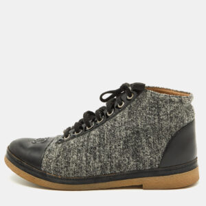 Chanel Grey/Black Tweed and Leather CC Cap Toe High Top Sneakers Size 39.5
