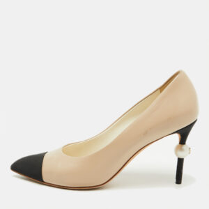 Chanel Beige/Black Leather and Canvas Faux Pearl Cap Toe Pumps Size 38