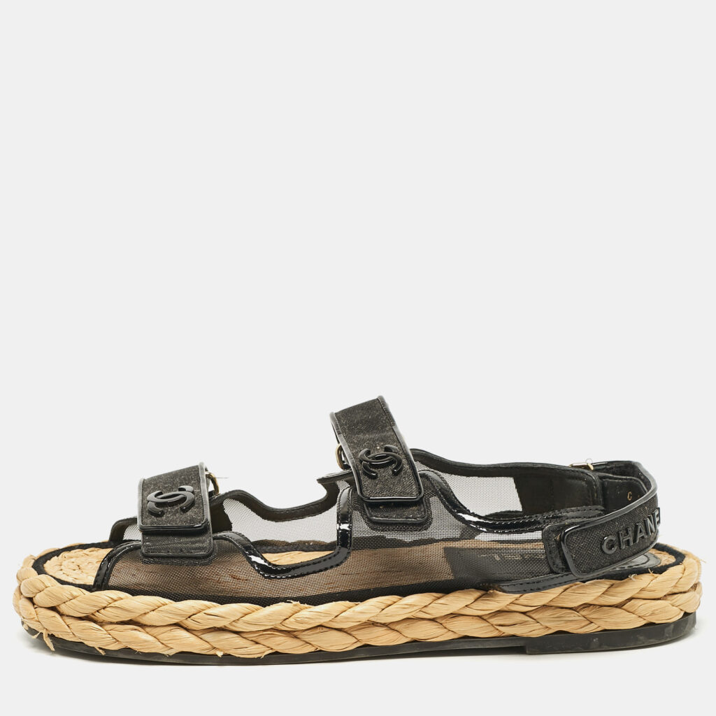 luxury-women-chanel-used-shoes-p1098045-001 Chanel Black Mesh and Patent Leather Espadrille Dad Sandals Size 42