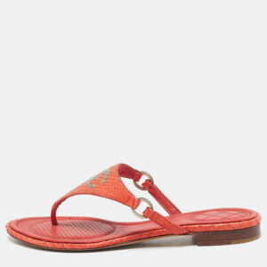 Chanel Orange Python Leather CC Thong Flat Slides  Size 38