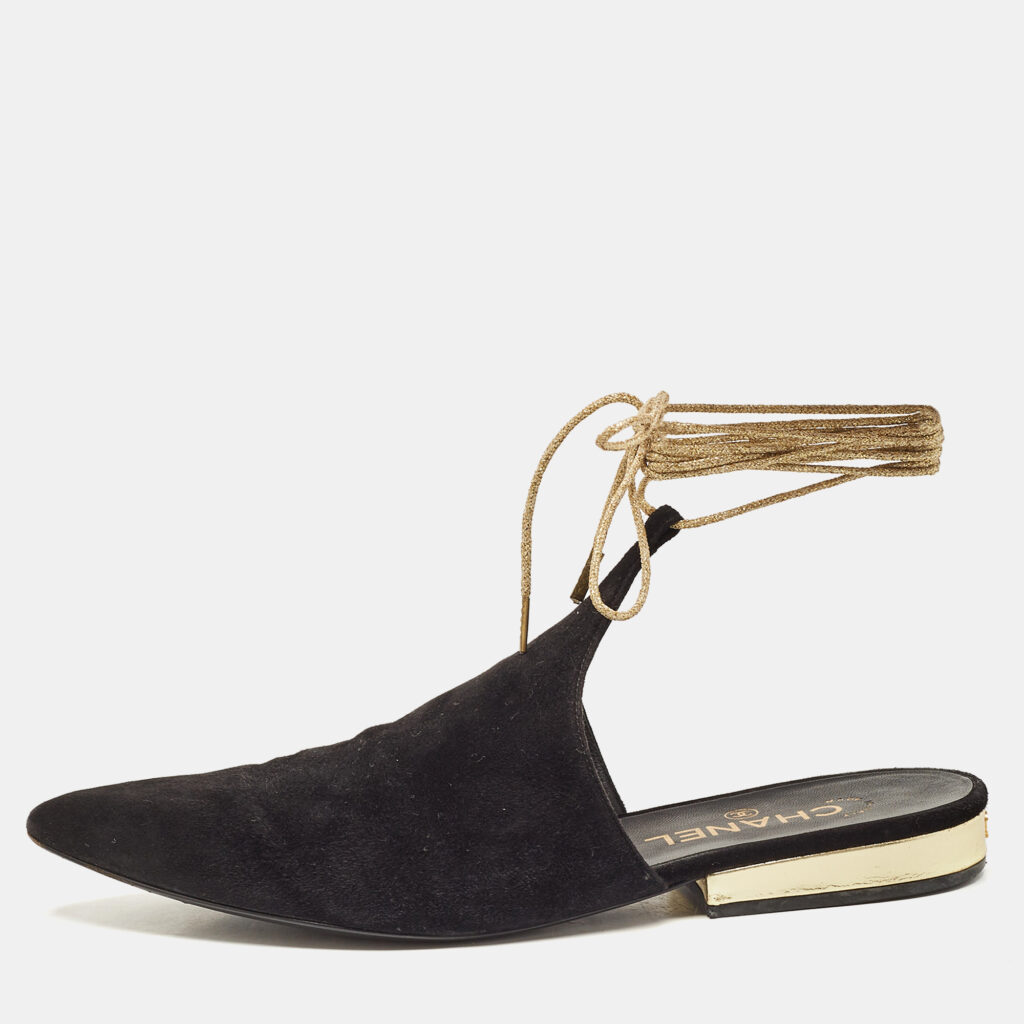 luxury-women-chanel-used-shoes-p1102734-001 Chanel Black Suede Ankle Wrap Flat Mules Size 39