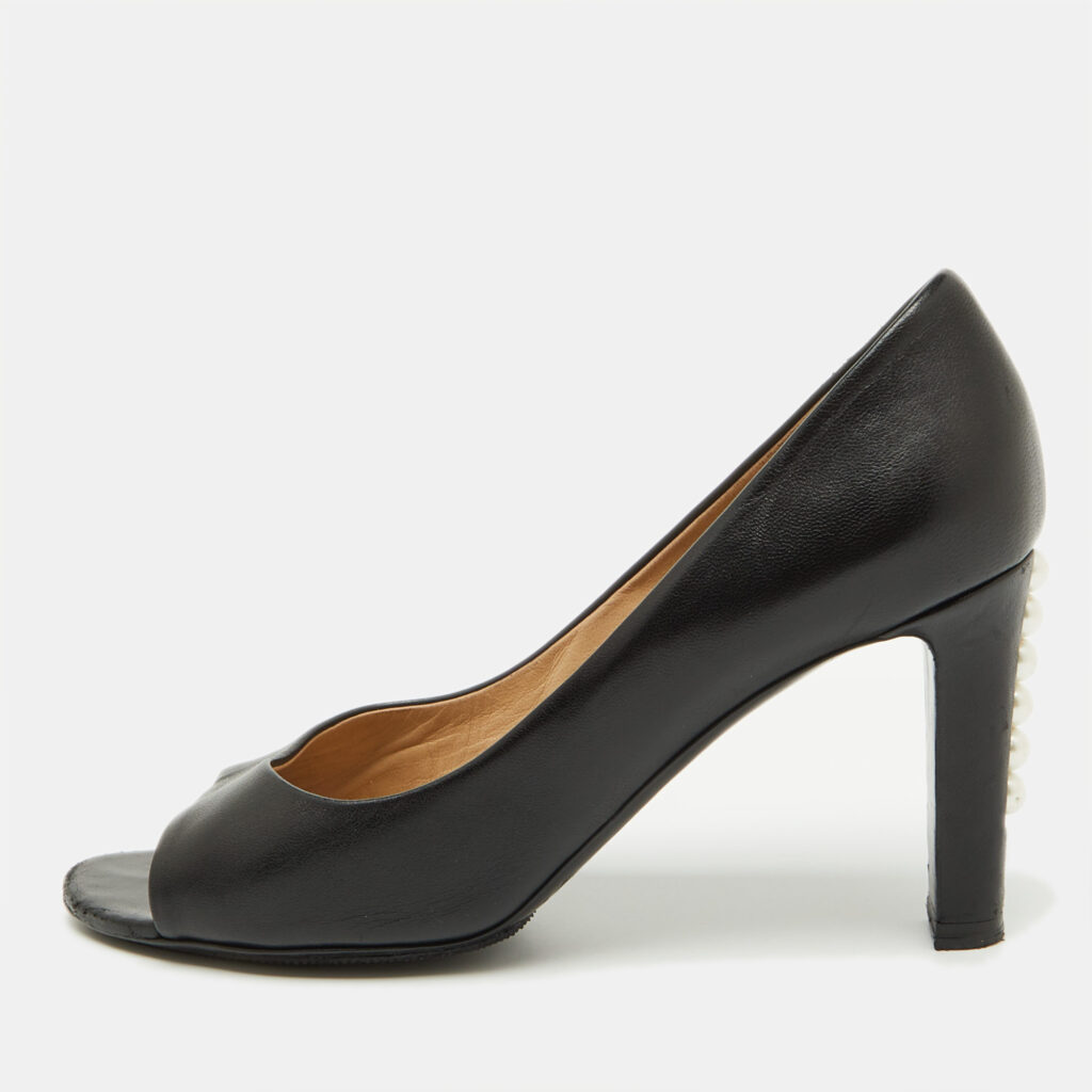 luxury-women-chanel-used-shoes-p1103369-001 Chanel Black Leather Open Toe Pearl Heel Pumps Size 39