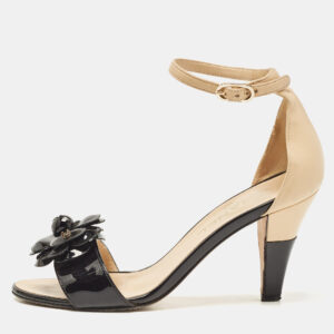 Chanel Black/Beige  Patent Leather Camellia Ankle Strap Sandals Size 37