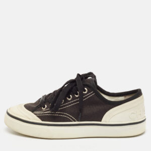 Chanel Black Canvas CC Cap Top Lace Up Sneakers Size 38