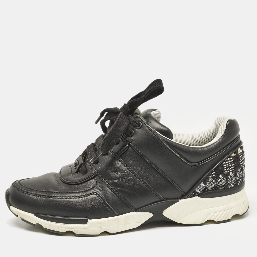 Chanel Black Leather Lace Up Sneakers Size 37.5