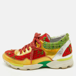 Chanel Multicolor Tweed Fabric and Leather CC Lace Up Sneakers Size 37