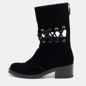 Chanel Black Velvet Lace Mid Calf Boots Size 38.5