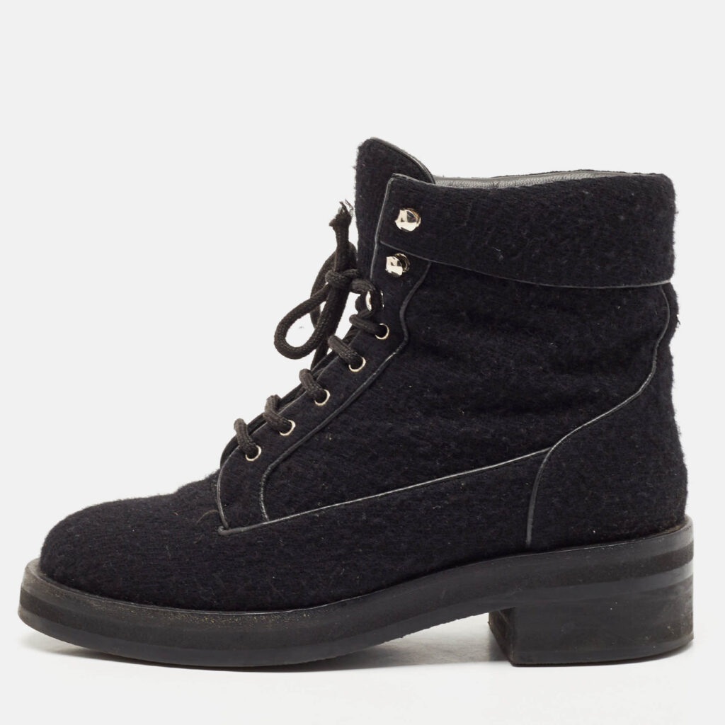 Chanel Black Wool CC Combat Boots Size 37