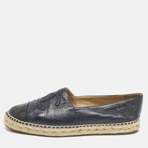 Chanel Black/Navy Blue Leather CC Cap Toe Espadrille Flats Size 40