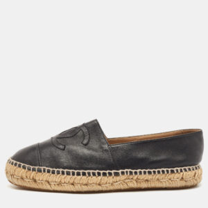 Chanel Black Leather CC Cap Toe Espadrille Flats Size 39