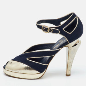 Chanel Navy Blue/Gold Canvas and Leather CC Ankle Strap Sandals Size 40