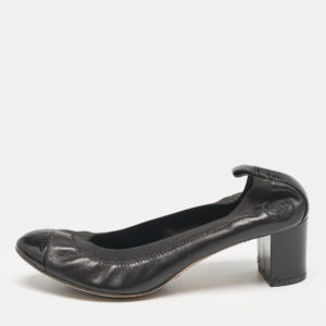 Chanel Black Leather Cap Toe Scrunch Block Heel Pumps Size 39