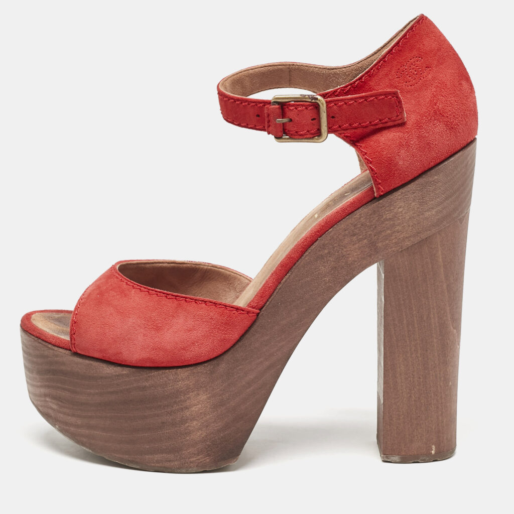 Chanel Red Suede and Wood Block Heel Platform Ankle Strap Sandals Size 38