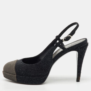 Chanel Black/Grey Glitter CC Cap Toe Slingback Platform Pumps Size 39.5