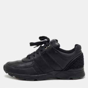 chanel black leather and tweed cc low top sneakers size 41
