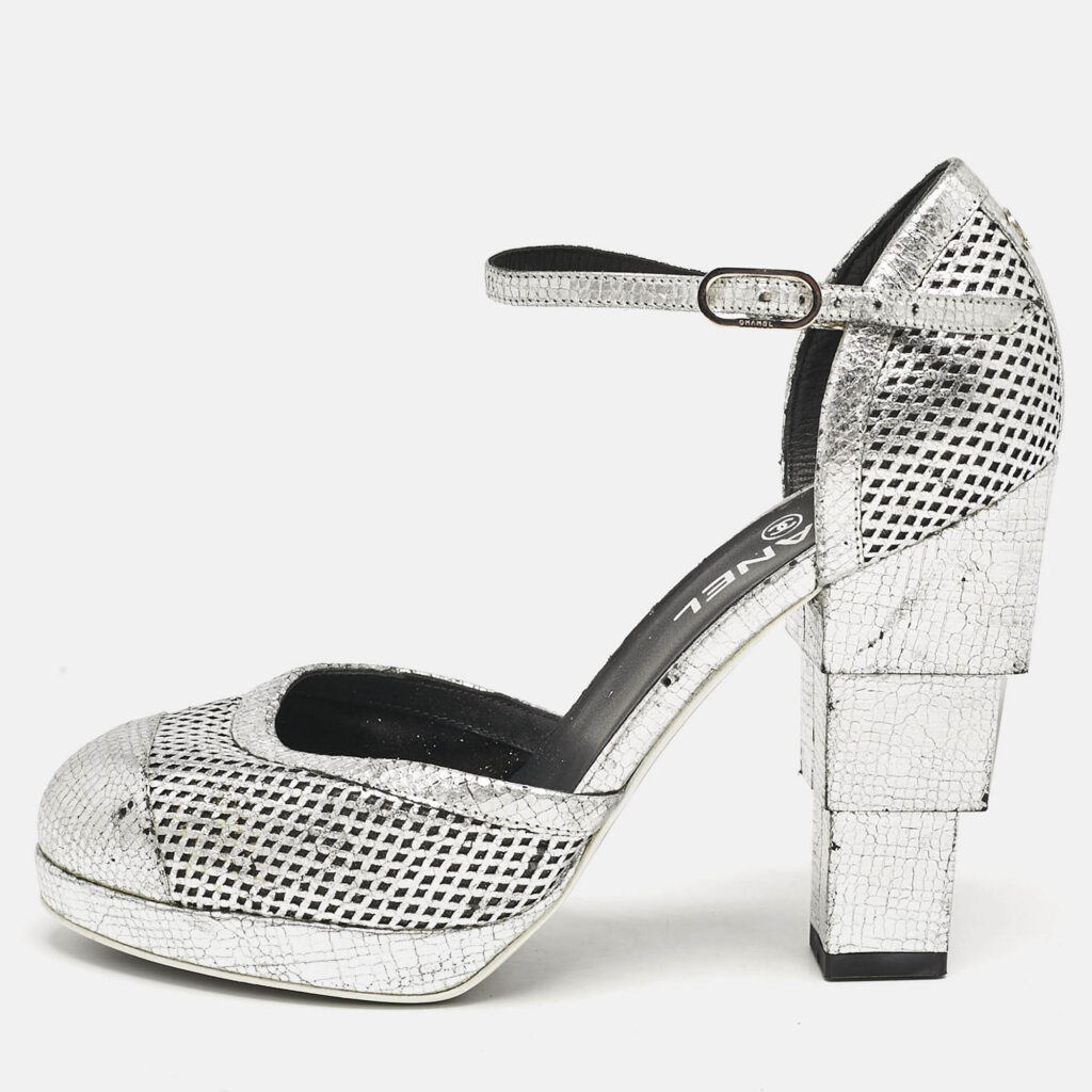 luxury-women-chanel-used-shoes-p1147149-010 Chanel Silver Laser Cut Leather CC Platform Ankle Strap Pumps Size 38.5