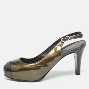 Chanel Grey/Black Patent Cap Toe CC Bow Slingback Pumps Size 39.5