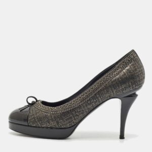 Chanel Black Lurex Fabric and Patent Leather Bow CC Cap Toe Chain Platform Pumps Size 38.5