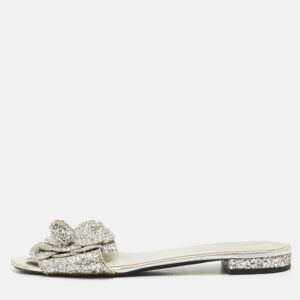 Chanel Silver Glitter and Leather Camellia Flat Slide Sandals Size 39.5