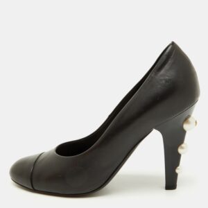 Chanel Black Leather Cap Toe CC Pearl Embellished Heels Pumps Size 39.5