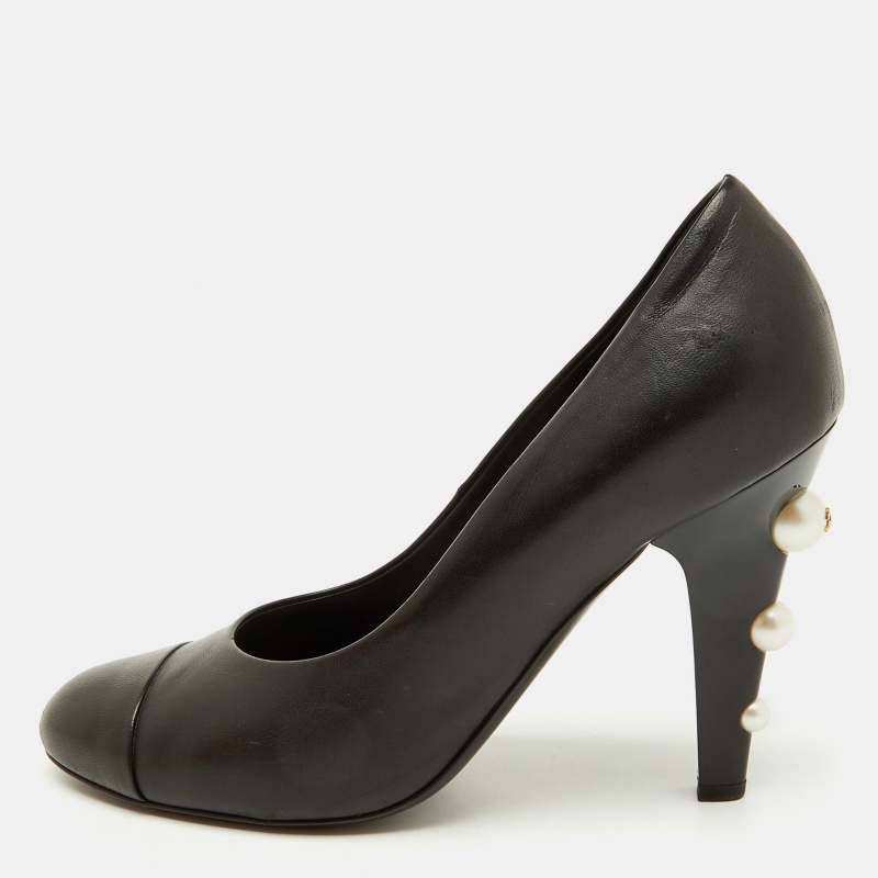 luxury-women-chanel-used-shoes-p1154169-1747378289-011 Chanel Black Leather Cap Toe CC Pearl Embellished Heels Pumps Size 39.5