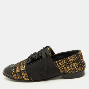 Chanel Black/Gold Tweed and Patent CC Cap Toe Lace Up Derby Size 39.5