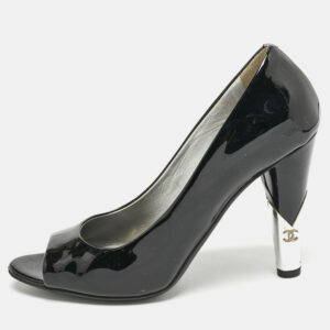 Chanel Black  Patent Leather CC Pearl Embellished Peep Toe Pumps Size 38.5