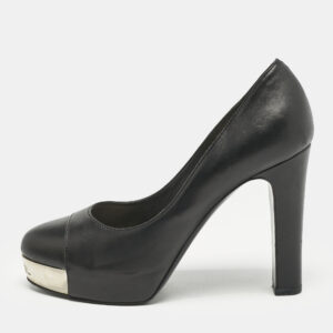 Chanel Black Leather CC Cap Toe Platform Pumps Size 37