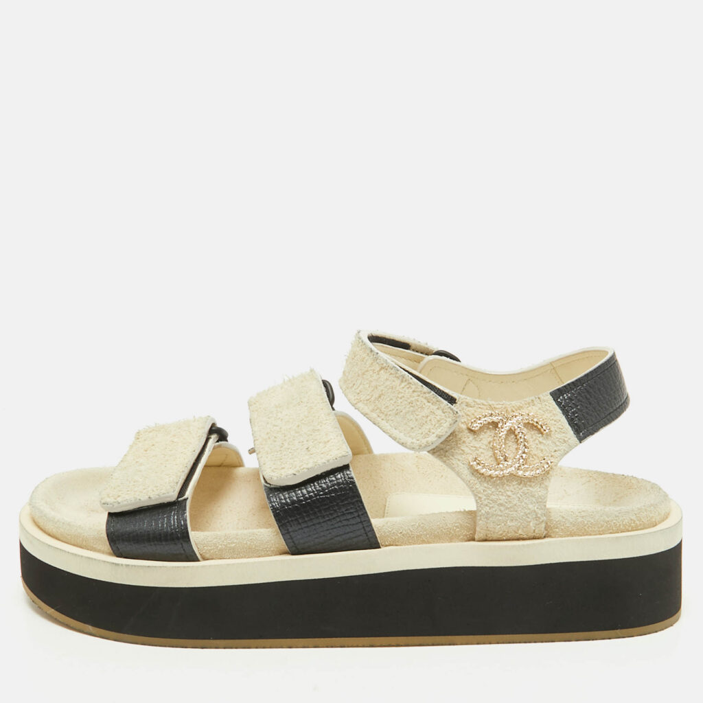 luxury-women-chanel-used-shoes-p1159906-010 Chanel Black/Off White Leather and Suede Dad Flat Sandals Size 36