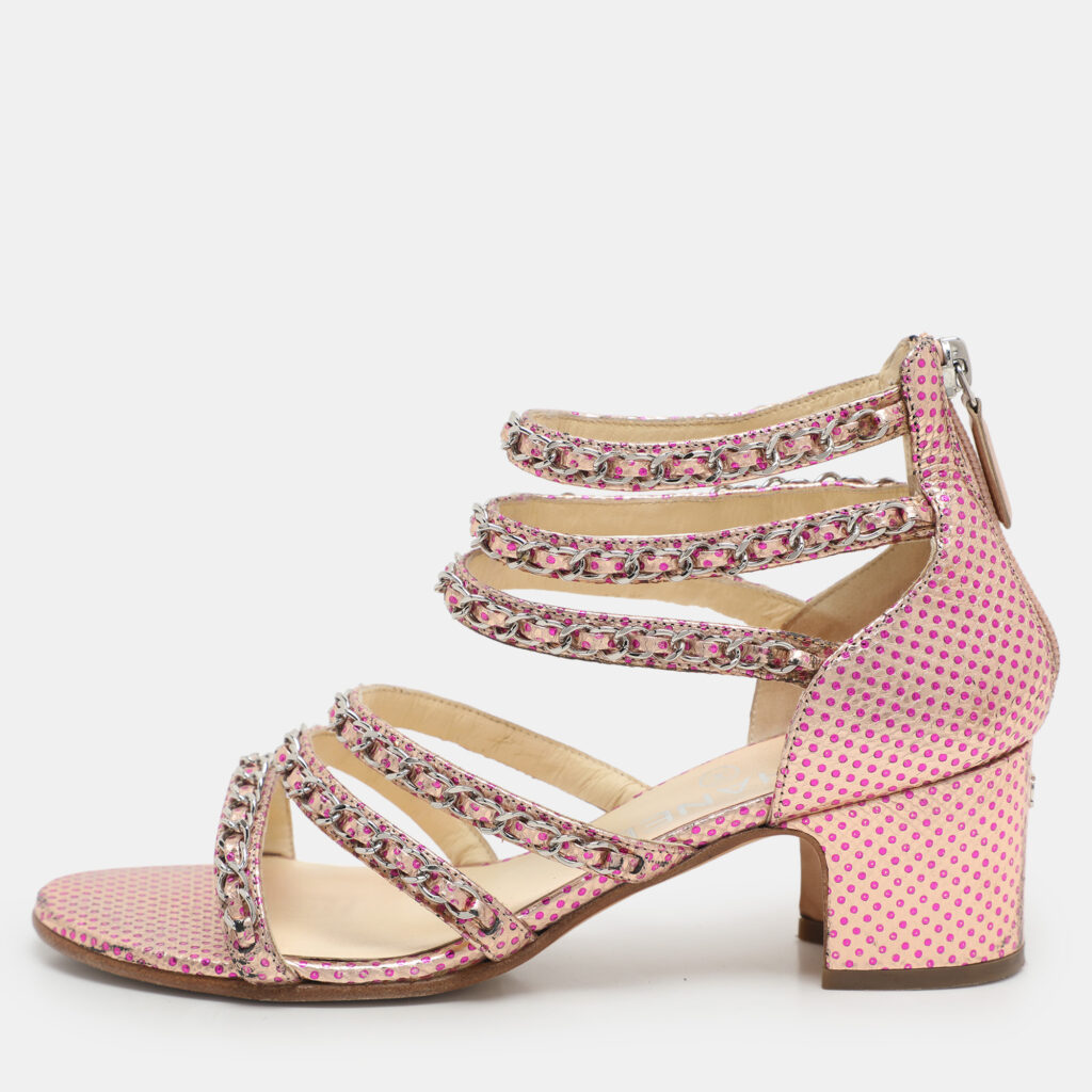 luxury-women-chanel-used-shoes-p1160992-001 Chanel Pink Dot Print Leather Chain Strappy Sandals Size 36.5