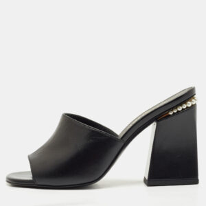 chanel black leather pearl embellished slide sandals size 40