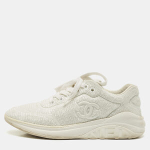 Chanel White Sequin and Leather CC Low Top Sneakers Size 38.5