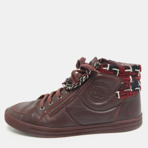 chanel burgundy leather and twee cc high top sneakers size 41