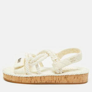 Chanel Off White Quilted Leather&nbsp;and Cord Flat Sandals Size 37