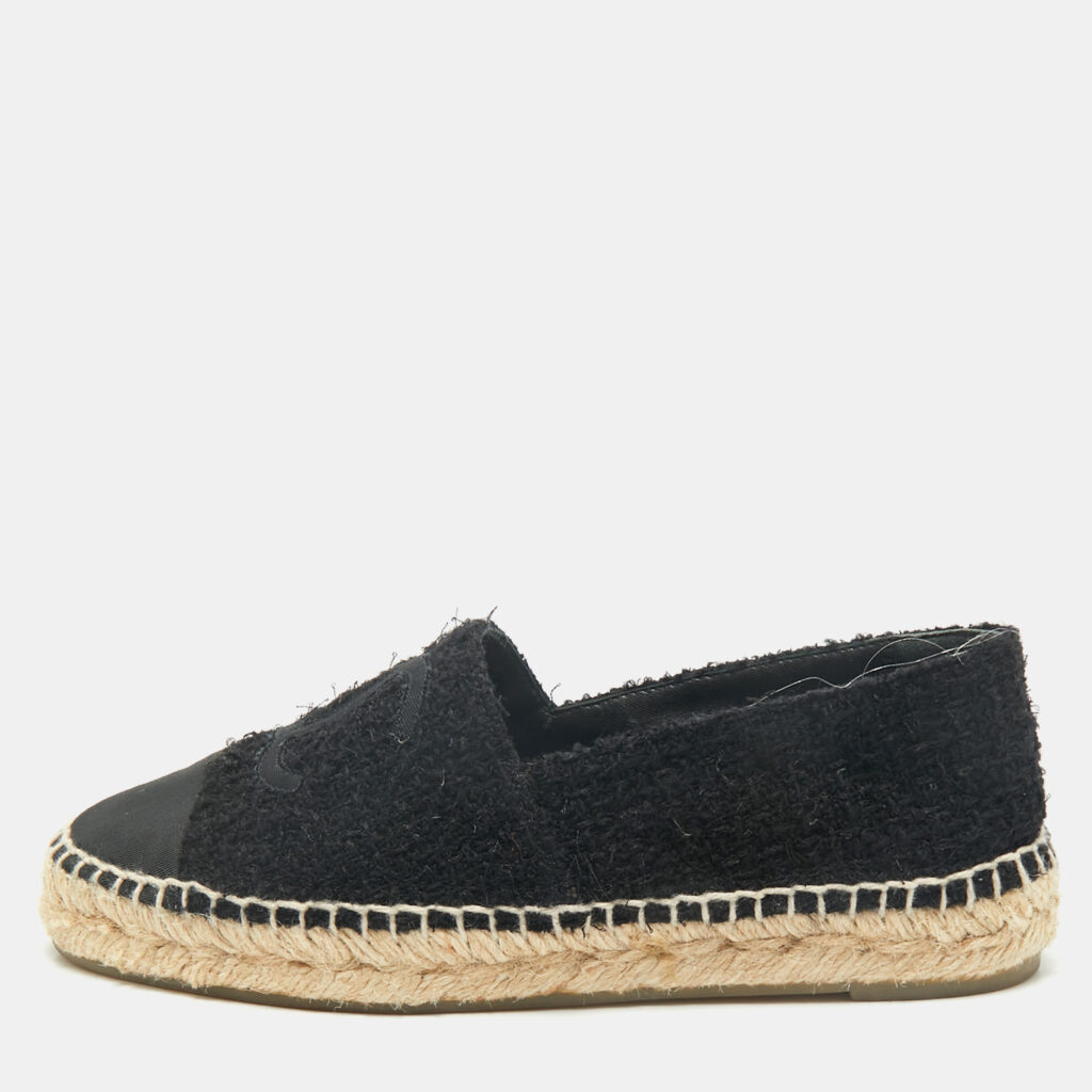 luxury-women-chanel-used-shoes-p1170341-001.jpg Chanel Black Tweed and Fabric CC Cap Toe Espadrille Flats Size 36
